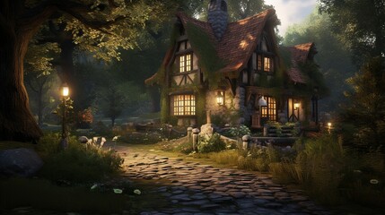 Fototapeta premium A photo of a cozy cottage in a forest setting.