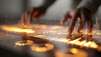 Fingers interact with a glowing digital interface, overlaid with a cityscape at night, suggesting technological control and urban development, symbolizing innovation and progress