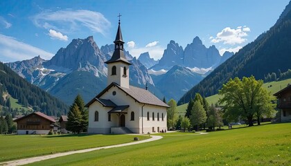 Fototapeta premium Serene Alpine Church: A Picturesque Sanctuary Nestled Amongst Majestic Peaks
