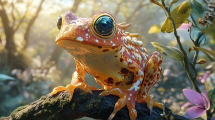 Vibrant orange amphibian with speckled skin perched atop mossy limb in verdant forest setting with flower and leaf details