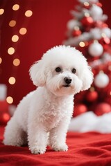 araffe dog sitting on a red blanket in front of a christmas tree