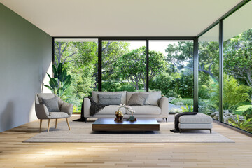Modern contemporary style living room with tropical green garden background 3d render
