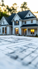 Home plans overlaid on a beautiful new house