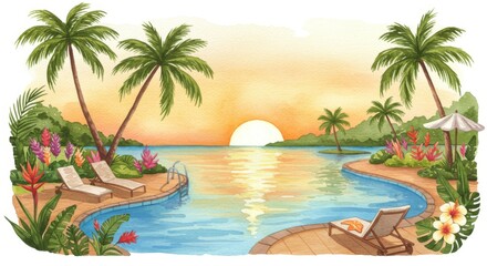 Tranquil Sunset Poolside Paradise - Serene sunset view over calm ocean water, showcasing a luxurious resort pool with lounge chairs, lush tropical plants, and palm trees