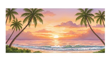 Obraz premium Tropical Sunset Beach Panorama Clipart - Idyllic beach sunset, palm trees silhouette, tranquil ocean waves, vibrant colors, peaceful paradise