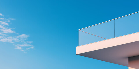 Modern building balcony with glass railing and blue sky background