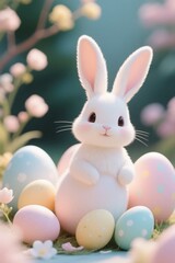 there is a white bunny sitting among easter eggs in a field