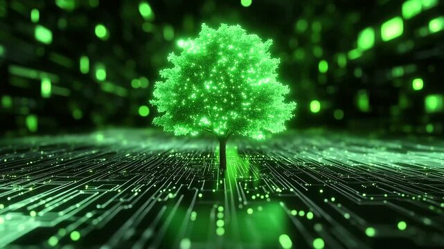 Green tree thriving amidst glowing electronic forest, symbol of unity between natural evolution and technological advancement