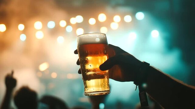 Hand holds up beer toward camera, stage lights and fog machines in soft blur, summer fest happiness all around