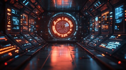 Futuristic Spaceship Corridor with Glowing Orange and Blue Interface Panels and Central Display