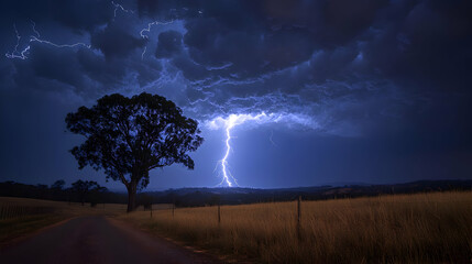 Fototapeta premium Night Landscape with Lightning Strike and Silhouetted Tree