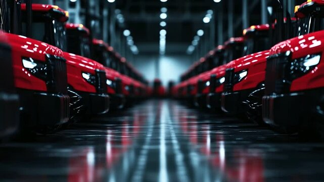 High-definition focus on tractor grilles and headlights, red machines in perfect symmetry form visual rhythm in industrial yard