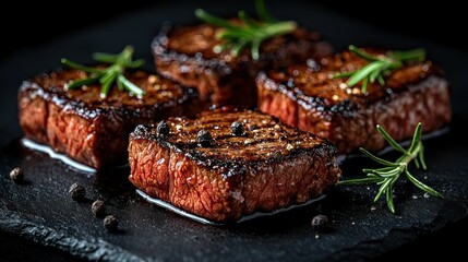Grilled steaks arranged atop a black slate surface