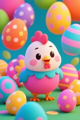 Naklejka premium brightly colored eggs are scattered around a chicken in a field