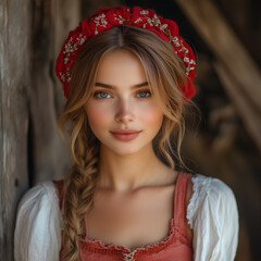 Fototapeta premium A beautiful young woman wearing a wreath of flowers on her head and traditional clothing