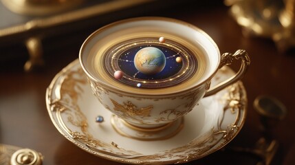 Celestial miniature planets orbit within a delicate porcelain teacup.