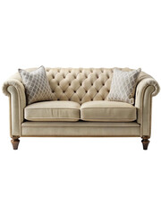 Elegant tufted sofa with decorative pillows, against a dark background