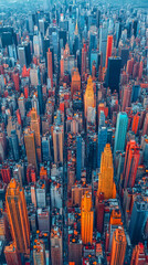 Aerial view of a vibrant city skyline, showcasing a dense collection of high-rise buildings in various colors