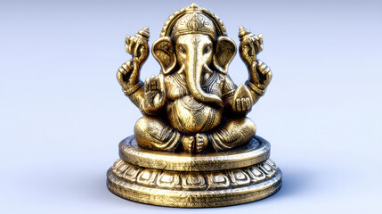 Fototapeta premium Beautifully crafted golden statue of Ganesha, Hindu deity known for wisdom and prosperity, is depicted serene pose. intricate details and craftsmanship highlight cultural significance and artistic