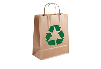 Brown paper shopping bag with green recycling symbol, emphasizing sustainability, eco-friendliness, waste management.