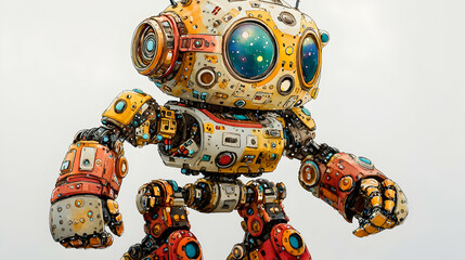 Cute, colorful, and detailed robot, with intricate mechanical design, standing in a pose