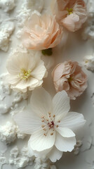 Fototapeta premium Delicate pastel flowers adorn a textured cake