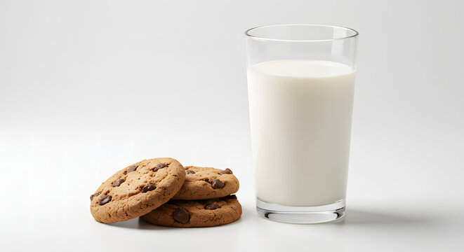 Three chocolate chip cookies and a full glass of milk sit on a plain white background. - Powered by Adobe