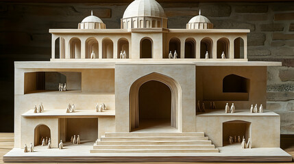 Detailed architectural model of a multi-level building, showcasing interior spaces with miniature figures