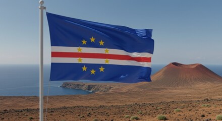 Waving Cape Verdean Flag Symbolizing Atlantic Heritage Against a Rugged Volcanic Island Landscape