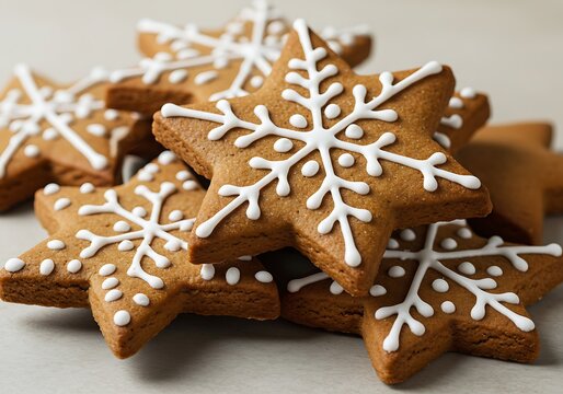 A close up view of a pile of star shaped gingerbread cookies decorated with white icing snowflakes