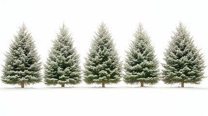 Fototapeta premium Five snow-dusted evergreen trees in a row against a white background