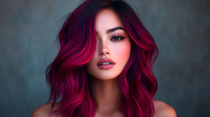 Fototapeta premium Woman with elegant burgundy balayage, her hair transitioning from dark roots to vibrant red and plum ends, styled in soft waves for a chic, modern look