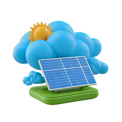 3D Render of Solar Panel with Sun and Clouds on Transparent Background