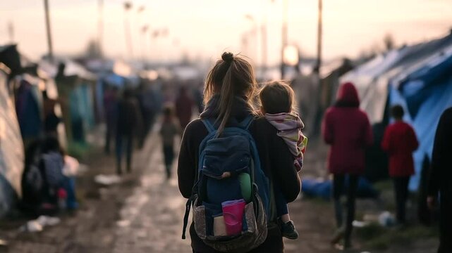 Rear view of a woman holding a child in her arms, moving through a crowded refugee camp, illustrating the deep human need for refuge and support in times of conflict