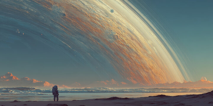 Expansive alien world with curved horizon and a single explorer