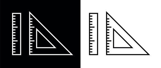 Ruler and triangular ruler icon. Designation of dimensions or dimensions. Measurement or drawing attribute. Mathematical or geometrical symbol. 