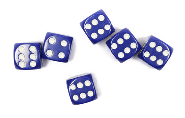 Blue gambling dice, macro isolated on white background, top view