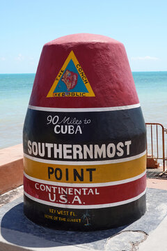 The Southernmost Point Buoy in Key West is an anchored concrete buoy marking the southernmost point in the continental United States, the lowest latitude land of contiguous North American states.