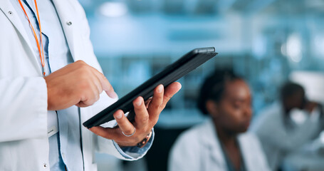 Hands, biotech or scientist in laboratory with tablet, update and gene editing in medical...