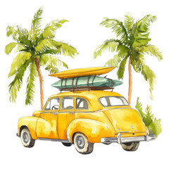 Vintage yellow car with surfboards surrounded by palm trees illustration