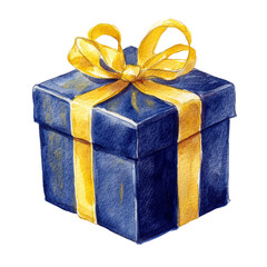 Obraz premium Watercolor Illustration of a Blue Gift Box with a Bright Yellow Ribbon
