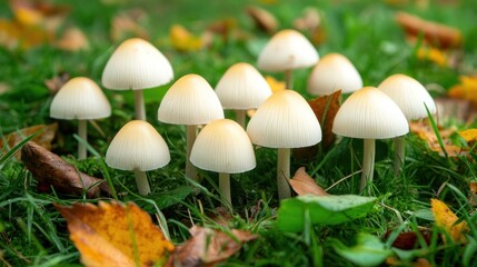 Fototapeta premium Small Mushrooms Growing in Grassy Field with Fallen Leaves Autumn Season