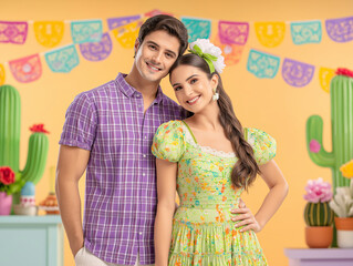 a young couple dressed in typical Festa Junina clothes, colorful clothes, vibrant colors, against a background of São João flags, lights, June celebration	