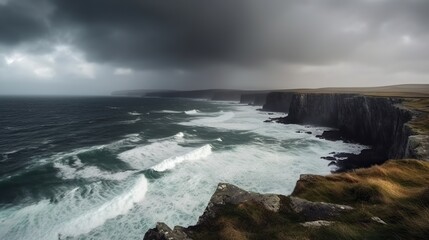 Obraz premium Dramatic coastal waves crash against cliffs under a stormy sky