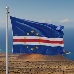 Waving Cape Verdean Flag Symbolizing Atlantic Heritage Against a Rugged Volcanic Island Landscape