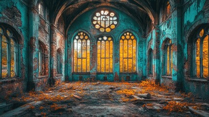 Fototapeta premium Interior of an old abandoned church with light pouring in
