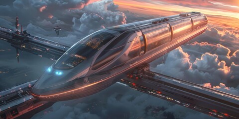 Futuristic, high-speed train above clouds at sunset.