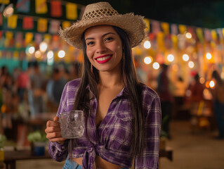 a young woman dressed in typical Festa Junina clothes, colorful clothes, vibrant colors, on a background of São João flags, lights	