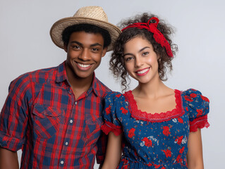 a young couple dressed in typical Festa Junina clothes, colorful clothes, vibrant colors, isolated on a white background, image for São João