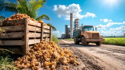 An industrial chemical recycling facility with a large truck transporting waste materials through a rural agricultural landscape with palm trees and a blue sky with clouds